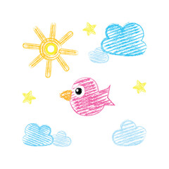 Cute crayon style drawing of a pink bird flying in a sunny sky with clouds and stars. playful and colorful kids' artwork