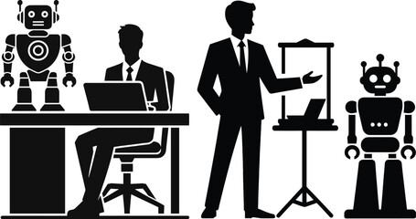 Manager Giving Presentation with Robot Assistant Silhouette Vector