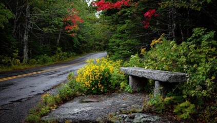 Rainy Forest Road With Stone Bench And Yellow Flowers