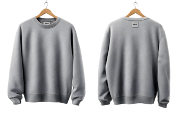 Light gray crew neck sweater front and back mock up with minimalist design and smooth texture isolated on transparent background