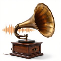 a vintage gramophone with sound waves on a white background