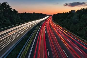 Tableau sur plexiglas Autoroute de nuit Langzeitbelichtung - Autobahn - Strasse - Traffic - Travel - Background - Line - Ecology - Highway - Long Exposure - Motorway - Night Traffic - Light Trails - Vacation - Sunset - High quality photo  © Enrico Obergefäll