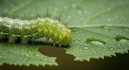 Naklejka premium Detailed Macro Shot of a Green Caterpillar on a Dew-Kissed Leaf