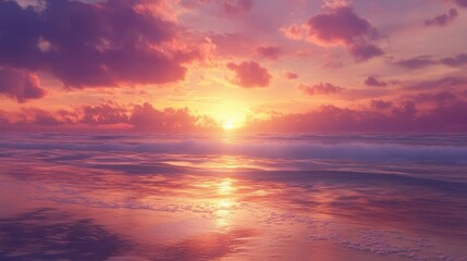 Fototapeta premium beach at sunset, with the sky ablaze in vibrant oranges and purples. The waves reflect the warm colors of the sky, creating a peaceful and romantic atmosphere. The background is softly blurred