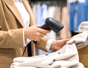 Woman scanning clothing in store