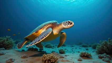 Fototapeta premium A magnificent sea turtle gracefully glides through the vibrant underwater world.