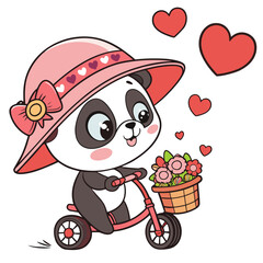 Cute teddy bear cartoon animal character illustration with a pink heart and flowers