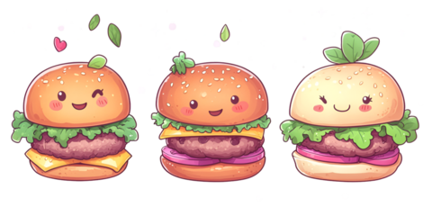 Cute Hamburger Characters with Smiling Faces and Leaf Accessories Set in Whimsical Style
