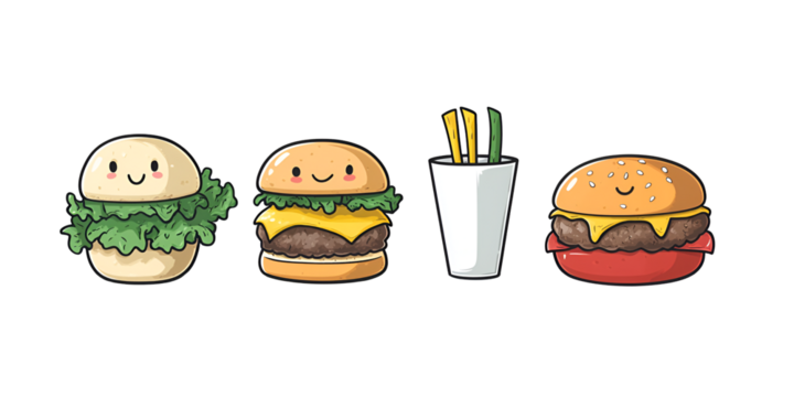 Cute Cartoon Hamburger and Fries Set with Lettuce Tomato Cheese and Ketchup
