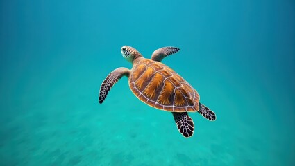 A captivating underwater shot of a sea turtle gracefully gliding through vibrant turquoise water.