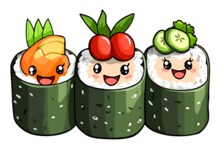 Cute Sushi Rolls with Cartoon Faces Featuring Tuna Avocado and Cucumber in Green Nori Seaweed