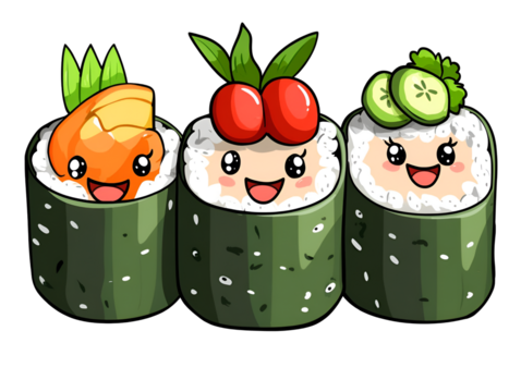 Cute Sushi Rolls with Cartoon Faces Featuring Tuna Avocado and Cucumber in Green Nori Seaweed