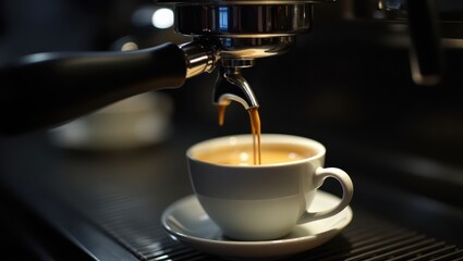 Freshly brewed espresso pours into a white ceramic cup, showcasing a close-up view of the coffee machine's intricate details.