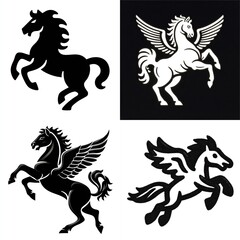 Fototapeta premium Four stylized depictions of a mythological winged horse, in various poses and contrasting color schemes, with wings