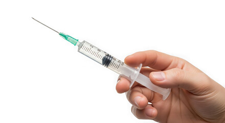Hand holding medical syringe with needle ready for injection close up studio shot transparent background