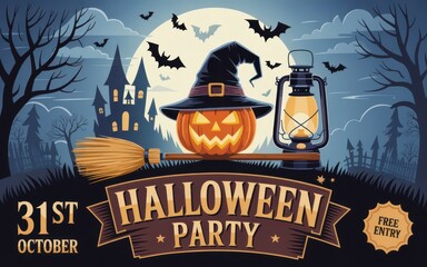 Fototapeta premium Halloween party poster with glowing pumpkin, moon, and lanterns
