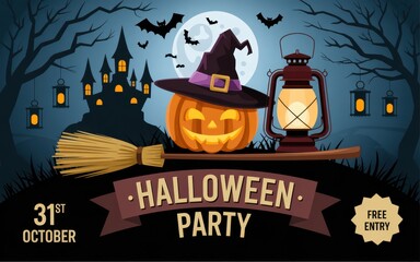 Fototapeta premium Spooky Halloween event poster with pumpkin and night castle