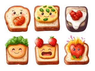 Cute Character Toasts with Fruit and Vegetables in Cartoon Style on Transparent Background