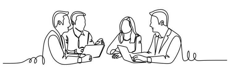 Continuous line art of a group of people in business suits working in front of laptops and discussing their work. Vector illustration