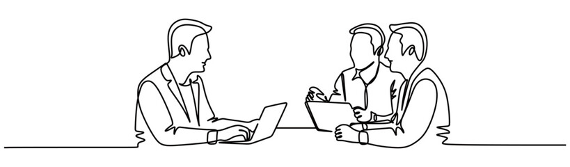 Continuous line art of a group of people in business suits working in front of laptops and discussing their work. Vector illustration