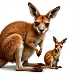 a proud kangaroo with a joey on a white background