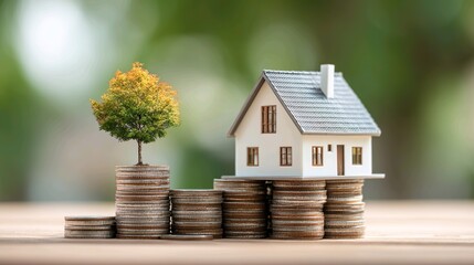 House Model and Tree on Stacks of Coins Representing Green Investment and Sustainable Growth