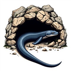 a bold eel with a rocky cave on a white background
