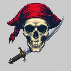a traditional skull with a pirate sword on a white background