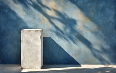 Gray Concrete Block Against A Blue Wall With Shadows