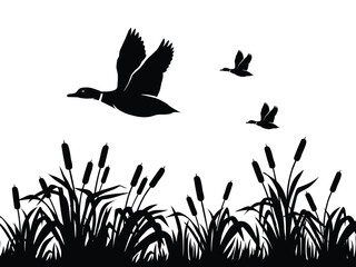 Flying Ducks Silhouette with Cattails, Wildlife Vector Illustration