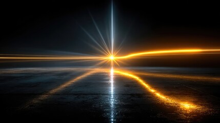 Yellow glowing neon light line, shining light beam with flare on transparent background