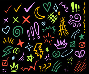 Set of colorful neon doodle elements on a black background. Collection of vibrant, glowing hand-drawn scribbles, arrows, and stars.