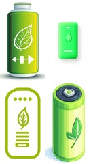 Illustration of four eco-friendly battery designs;  two cylindrical, one rectangular, and one small square, all featuring leaves and charge indicators, suggesting sustainable power sources