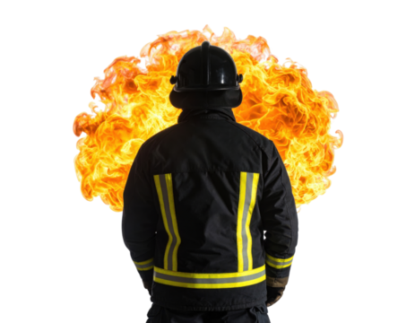 Firefighter in protective gear facing dramatic flames and fire explosion on transparent background