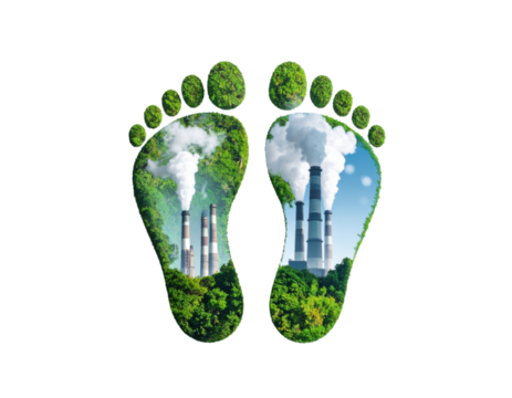 Symbolic footprint showing factory emissions within greenery, representing carbon footprint and environmental impact.
