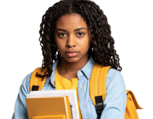 Young female student with curly hair carrying backpack and books against transparent background representing education and academic achievement.
