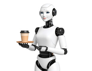 Humanoid robot with friendly expression serving coffee on wooden tray showcasing artificial intelligence and automated hospitality service technology.