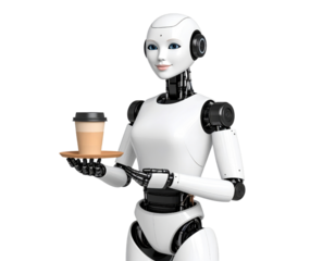 Humanoid robot with friendly expression serving coffee on wooden tray showcasing artificial intelligence and automated hospitality service technology.