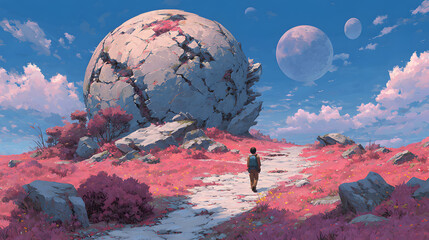 A lone traveler walks along a path toward a massive floating cracked planet surrounded by vibrant colors and smaller celestial bodies, 