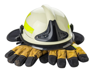 White firefighter helmet with yellow reflective stripes and protective leather gloves on transparent background