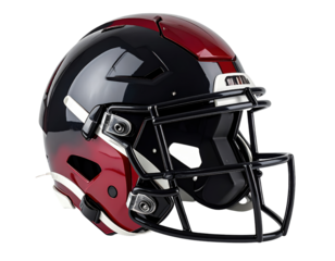 Modern football helmet with black and red design featuring protective face mask and ventilation system for player safety