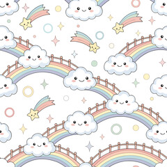 Seamless Pattern, Seamless pattern featuring cute clouds, rainbows, stars and pastel colors Stock royalty free image.
