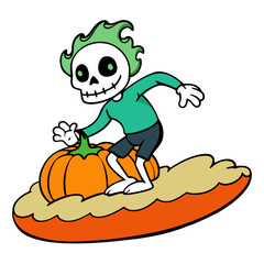 Obraz premium Skeleton surfer riding a pumpkin on a wave