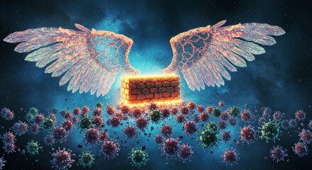 Conceptual illustration of a powerful immune system represented as a glowing firewall with angelic wings, providing protection from a viral attack