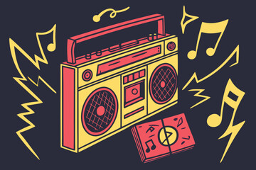 Retro boombox blasting music notes graffiti style silhouette design featuring a classic portable music player with sound waves and musical symbols in a vibrant urban art aesthetic