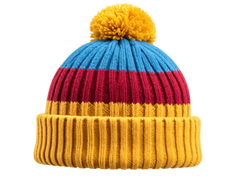 Colorful knitted winter beanie hat with yellow pom pom in striped red blue yellow pattern