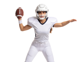 Female athlete in white football uniform and helmet throwing football with dynamic pose on transparent background