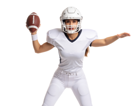 Female athlete in white football uniform and helmet throwing football with dynamic pose on transparent background
