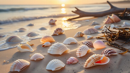 3d warm-toned shells and a gnarled branch on the damp shore with a serene ocean glow