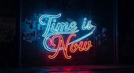 Time is Now Neon Sign Glowing in Darkness.